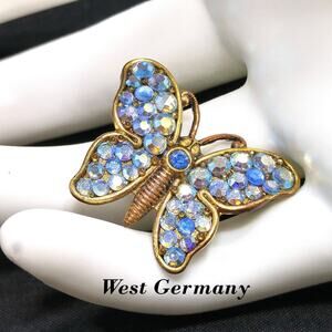 Vintage Small West Germany Butterfly Brooch, Blue AB Rhinestones - 1 1/8 Inch